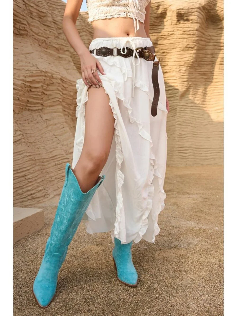 Women's Turquoise Pointed Toe Faux Leather Block Heel Heel Over The Knee Boots